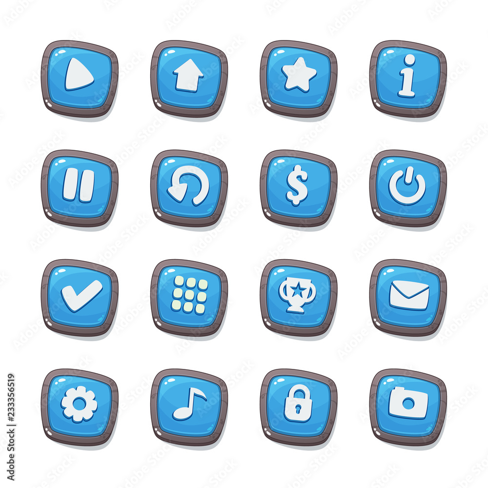 Set of 16 blue jelly icons in stone frames isolated on white background for game user interface. Mobile app vector elements template in cartoon style. Set of 16 blue jelly icons in stone frames isolated on white background for game user interface. Mobile app vector elements template in cartoon style.