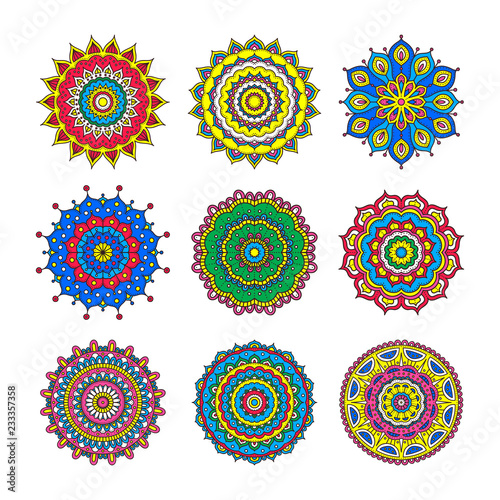 Set of colorful doodle mandalas. Circle lace ornament. Vector hand drawn ethnic floral pattern. Abstract tribal flowers set. Bright color elements on white background.