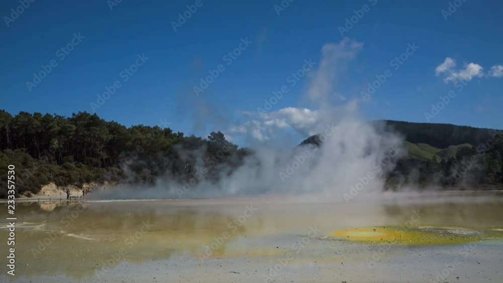 Volcanic Champagne Pool in Wai-O-Tapu Thermal Wonderland in New Zealand, famous tourist attraction. Timelapse video. Volcanic Champagne Pool in Wai-O-Tapu Thermal Wonderland in New Zealand, famous tourist attraction. Timelapse video.