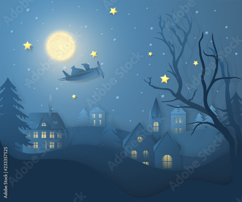 Vector winter night landscape with fir trees, houses, moon, santa on airplane, stars and snow in paper cut style. Dark festive layered background with 3D realistic paper Christmas Village and snowfall