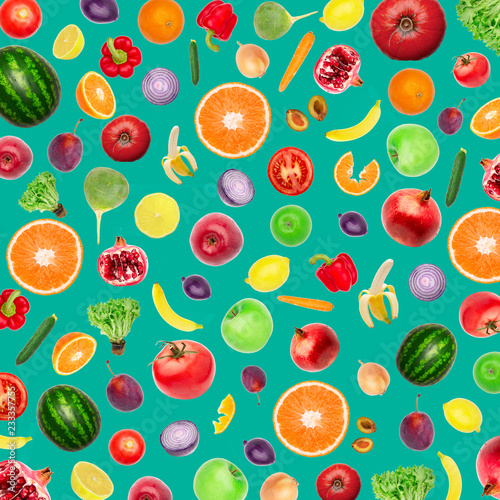 Fototapeta Naklejka Na Ścianę i Meble -  Pattern of vegetables and fruits Food background Top view Composition of plums, peppers, cucumbers, green radish, tomatoes, apples, banana, lemon and orange, watermelon, pomegranate on mint background