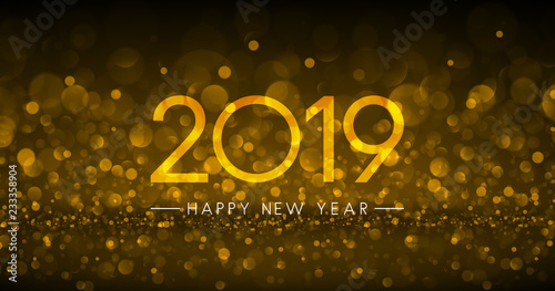 Golden bokeh 2019 Happy New Year greeting card.