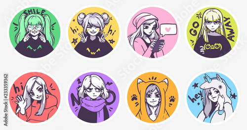 A set of cute anime girls illustrations in various clothes doing different activities with different expressions. Stickers or badges photo