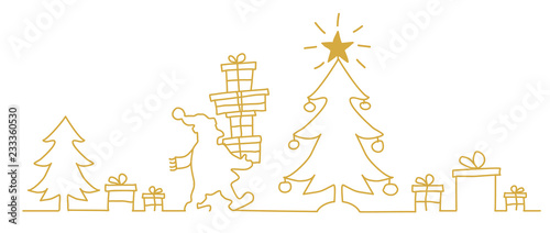Weihnachtsmann bringt Geschenke am Heilgabend und legt sie unter den Tannenbaum - continuous line drawing