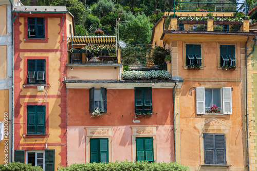 Beautiful houses overlooking the harbour in Portofino, Italy
