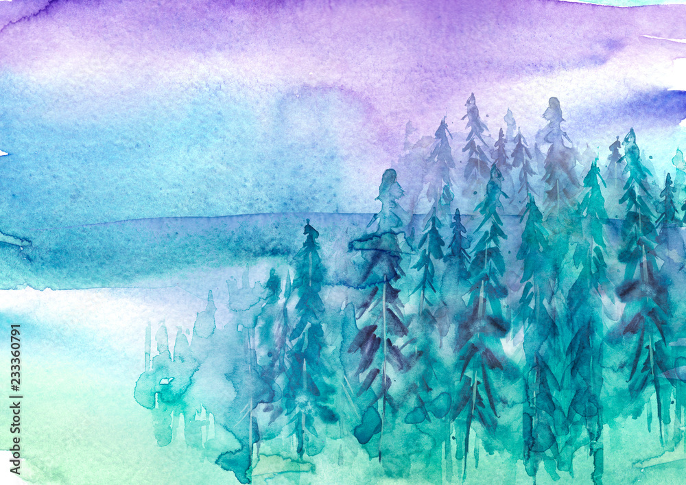 Fototapeta Watercolor winter art illustration. Drawing of the blue forest, pine tree, spruce, cedar. Dark, dense forest, suburban landscape. Postcard, logo, card. Misty forest, haze. With space for text