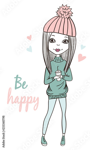 Fashionable girl vector cute character casual winter outfit. Hand drawn doodle style. Fashion and style  clothing and accessories. Vector illustration for a postcard or poster.