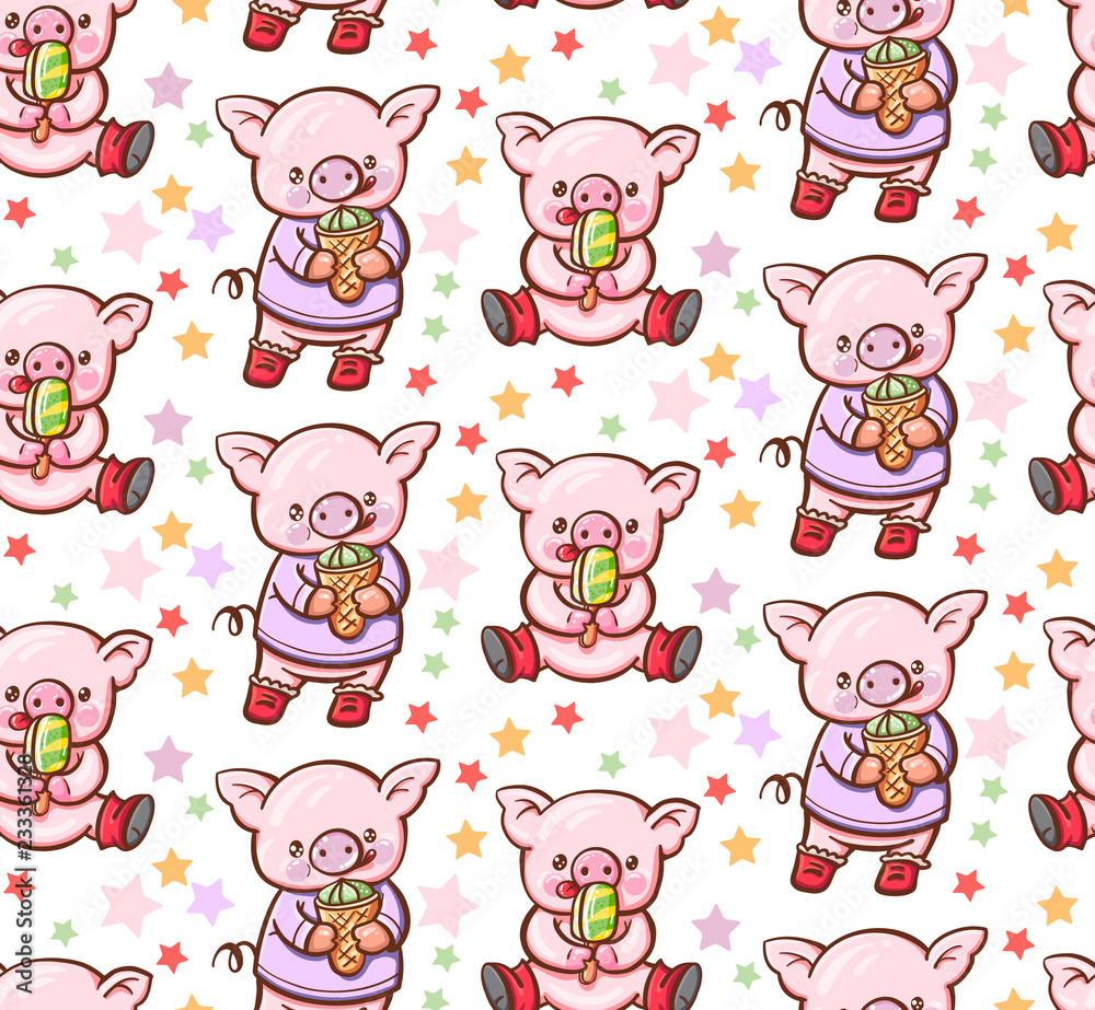 Seamless pattern with cute cartoon pigs