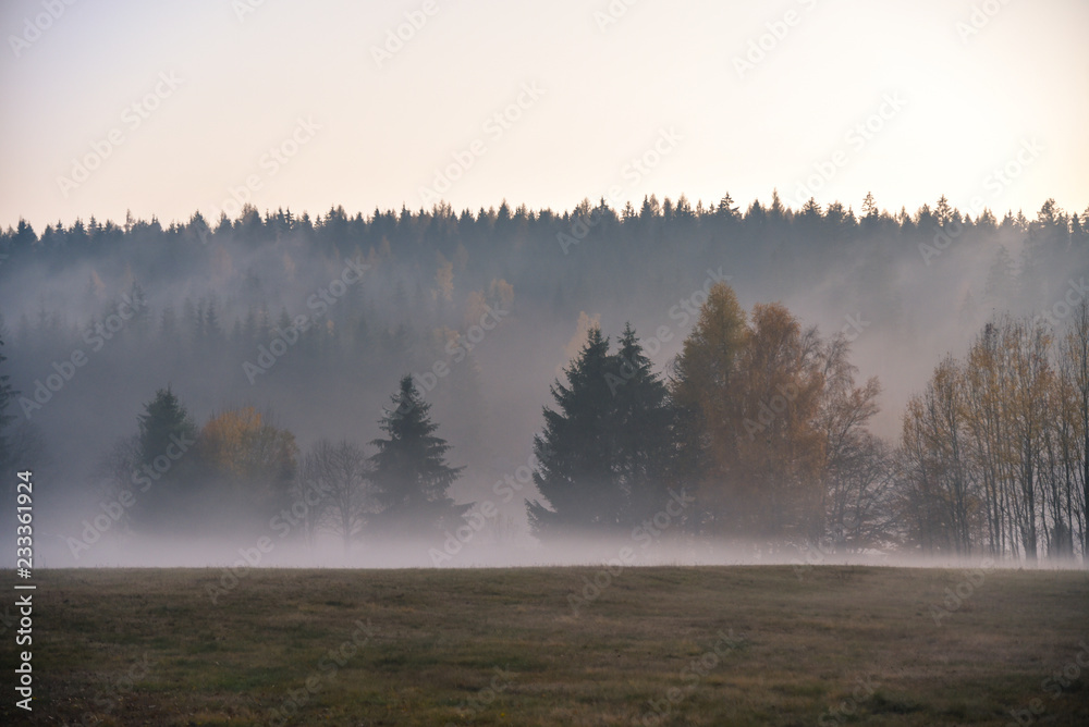 Nebel über der Landschaft am Abend im Herbst