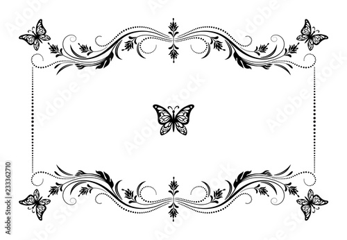 Decorative vintage frame with floral ornament and butterfly in retro style