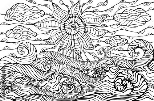 Doodle sun, clouds and ocean waves coloring page for children and adults.
