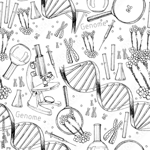 Hand drawn seamless pattern of structure of DNA. genome sequence. Health and biochemistry laboratory of nanotechnology. Molecule helix of dna, genome or gene evolution. Doodle elements. Gene editing