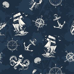 Wandcirkels Zee patronen Nautisch vintage patroon met zeemotieven  © DGIM studio