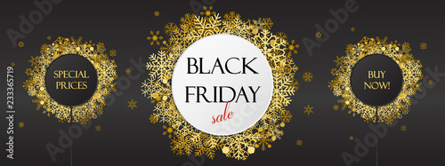 Black friday offers, black friday banner with golden snowflakes on dark background 