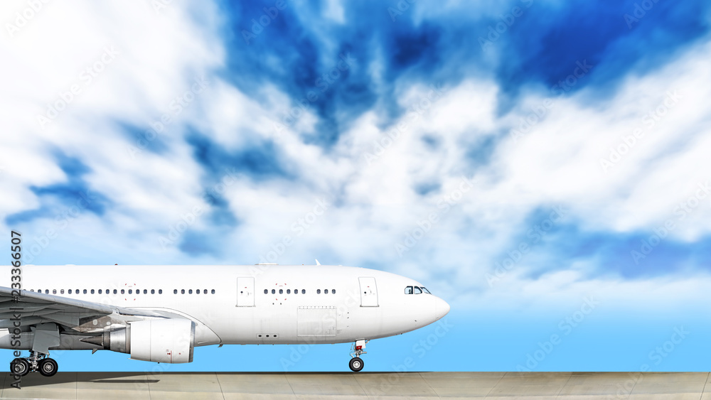 heavy passenger jet engine airplane on runway at airport against clouds sky with aircraft nose parts air travel aviation transportation background forward nose part silhouette isolated white theme