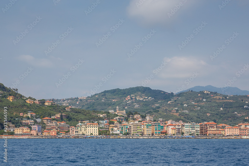Apartments and beach view on the Ligurian coast, captured near Portofino, Italy