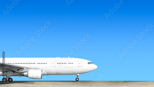 heavy passenger jet engine airplane on runway at airport against blue sky with aircraft nose parts air travel aviation transportation background forward nose part silhouette isolated white theme