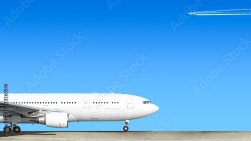 heavy passenger jet engine airplane on runway at airport against blue sky with modern aircraft flying air travel aviation transportation background forward nose part silhouette isolated white theme