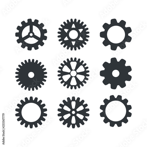 Gear icon set. Vector transmission cog wheels and gears isolated on white background