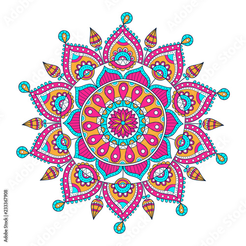 Vector hand drawn doodle mandala. Ethnic mandala with colorful ornament. Isolated. Illustration on doodle style.