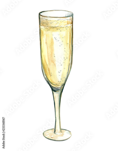 champagne glass, watercolor painting of sparkling wine isolated on white background, champagne hand drawn image