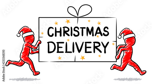 CHRISTMAS DELIVERY: Running figures with red caps deliver gift pack / shaded vector drawing