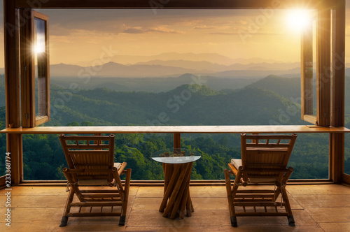 Fototapeta Naklejka Na Ścianę i Meble -  Cafe bar and Mountain view.