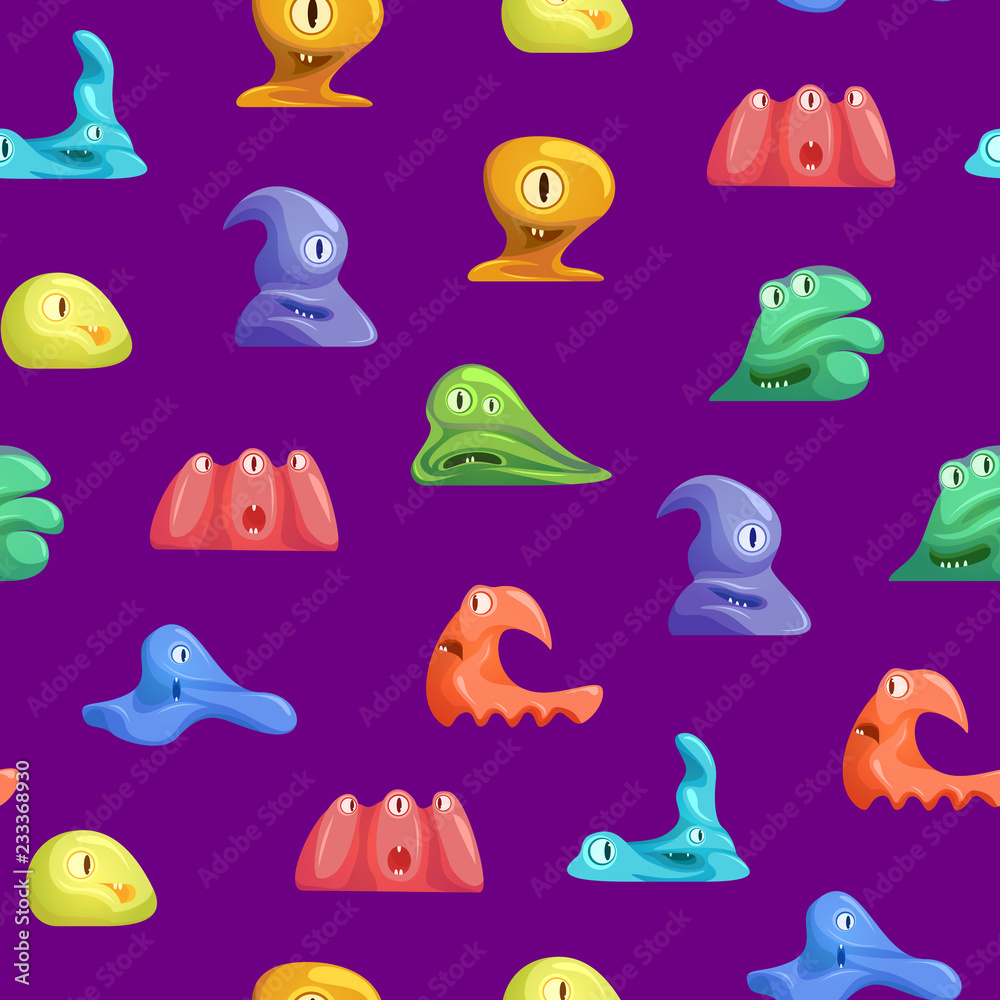 Fototapeta premium Different Types Cute Jelly Monsters Characters Seamless Pattern Background. Vector