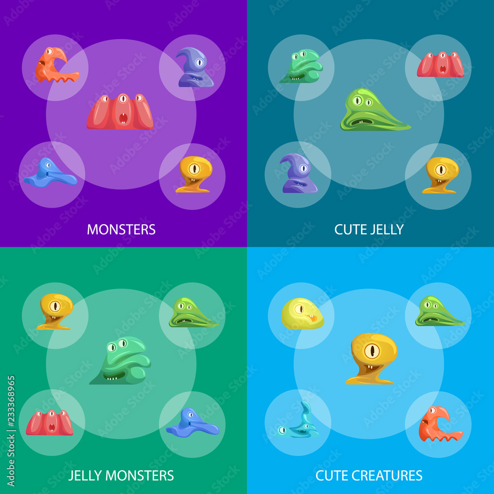 Different Types Cute Jelly Monsters Characters Banner Set. Vector