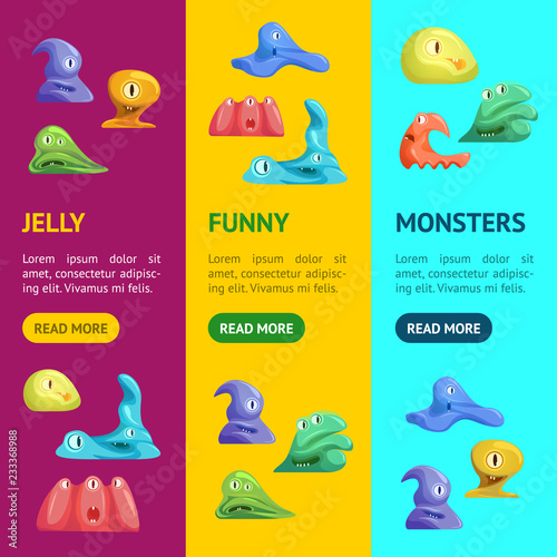 Different Types Cute Jelly Monsters Characters Banner Vecrtical Set. Vector