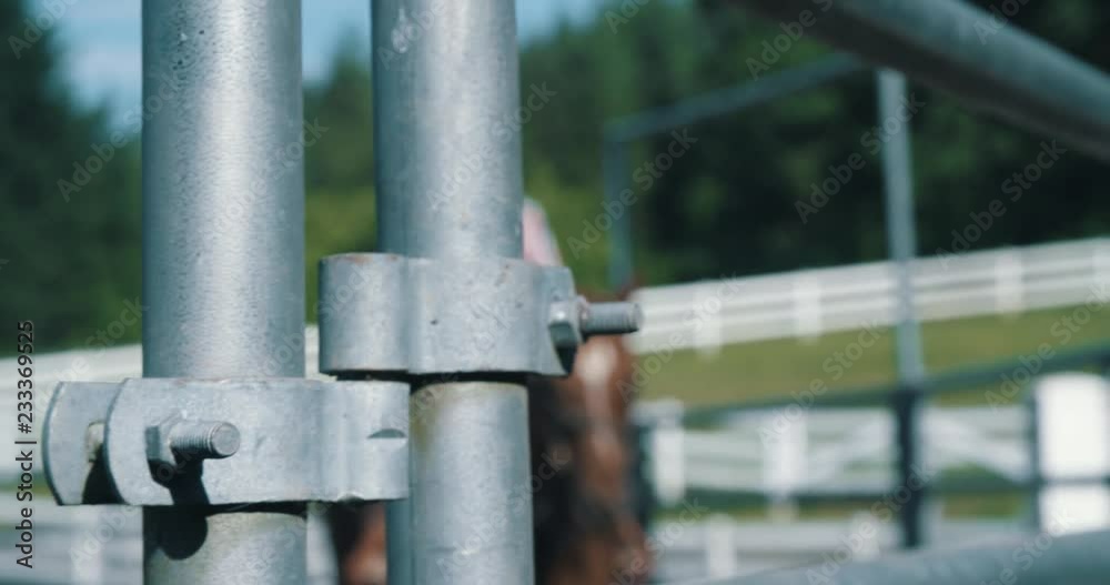 Fence of equestrian riding pen with female rider in background