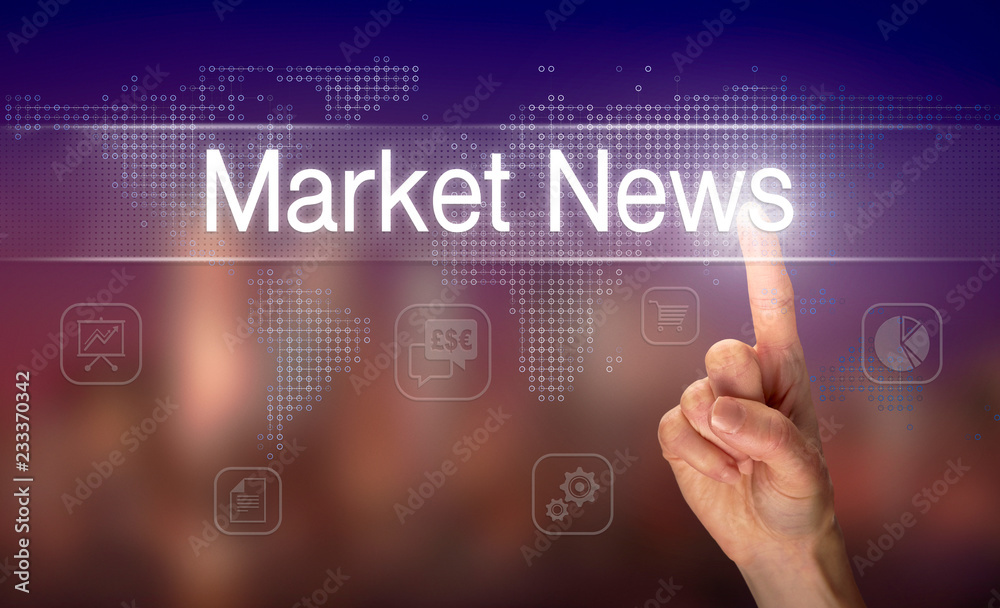 A hand selecting a Market News business concept on a clear screen with a colorful blurred background. A hand selecting a Market News business concept on a clear screen with a colorful blurred background.