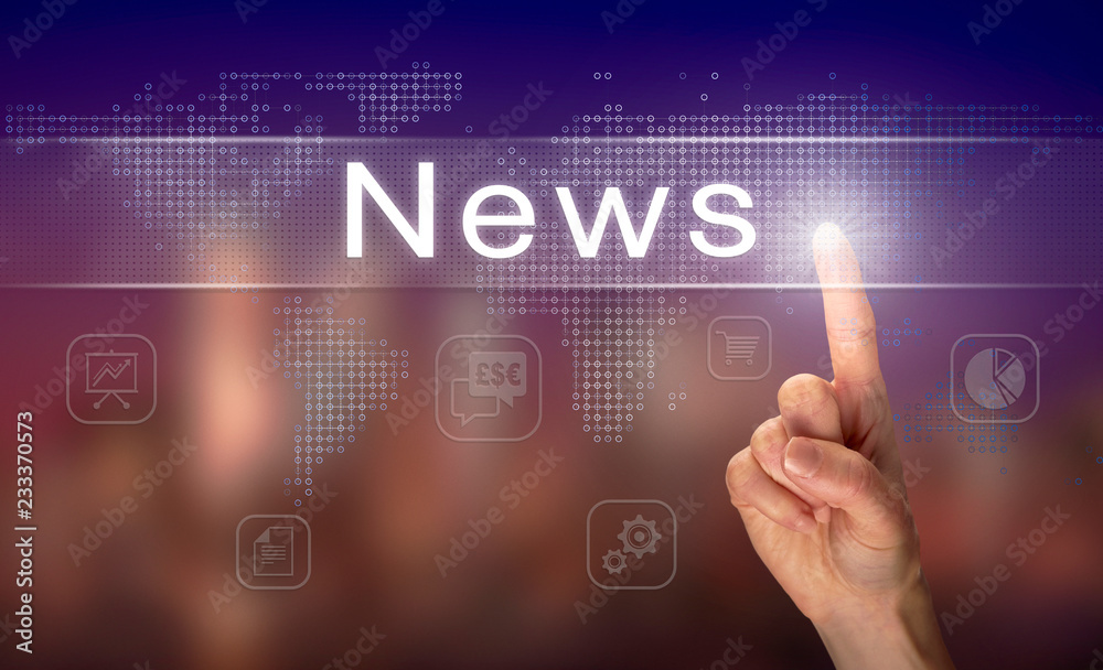 A hand selecting a News business concept on a clear screen with a colorful blurred background. A hand selecting a News business concept on a clear screen with a colorful blurred background.