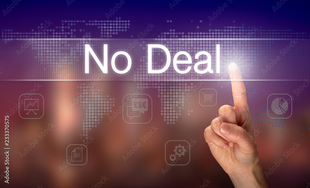 A hand selecting a No Deal business concept on a clear screen with a colorful blurred background.