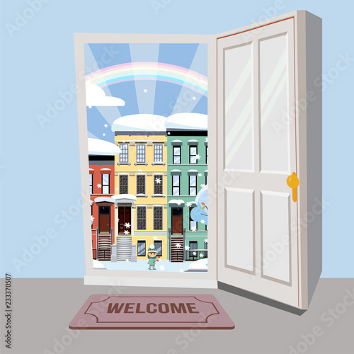 White door opens onto beautiful winter cityscape with brightly colored houses. Children play in front of houses, rainbow shines on house. Romantic winter landscape is visible in the hallway doorway.