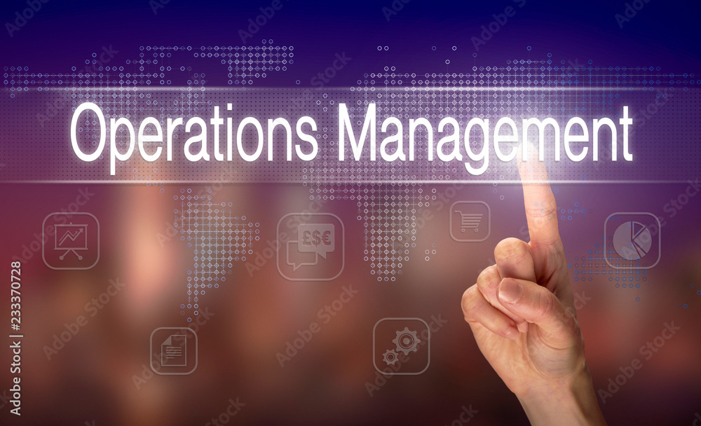 A hand selecting a Operations Management business concept on a clear screen with a colorful blurred background. A hand selecting a Operations Management business concept on a clear screen with a colorful blurred background.