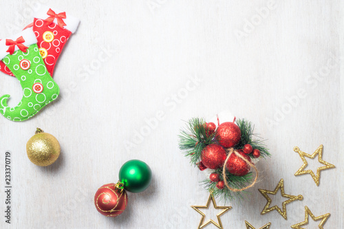 christmas decoration on white wood background , top view