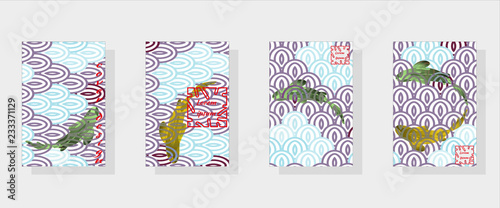 Set of fashionable modern design templates for covers. National oriental pattern, multi-colored fish scales of carp Koi. Vector illustration.