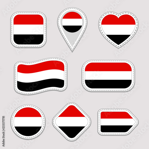 Free Download Yemen flag stickers set. Yemeni national symbols badges. Isolated geometric icons. Vector official flags collection. Sport pages, patriotic, travel, school, design elements. Different shapes. - GFXLoad