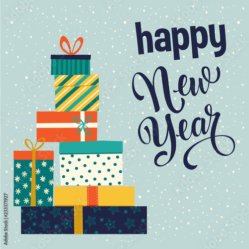 Christmas and Happy New Year gift boxes. Vector illustration.