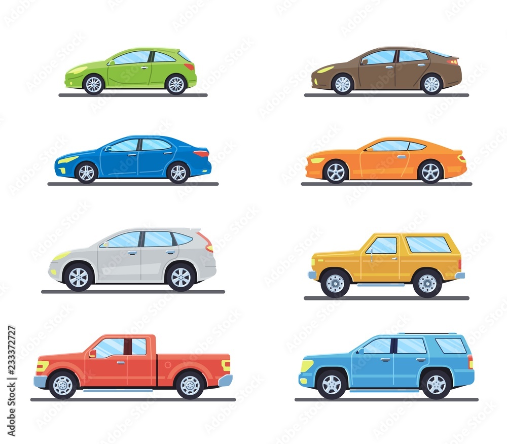 Set of personal cars. Set of automobiles in flat style. Sedan, sport coupe car, hatchback, offroad suv, pickup. Side view. Vector illustration.