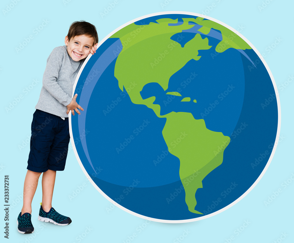 Young boy hugging planet earth Young boy hugging planet earth