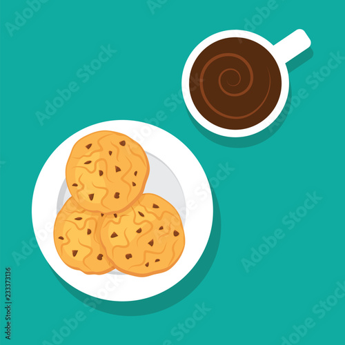 Snack with chocolate oatmeal cookies and cup coffee, top view. Vector illustration