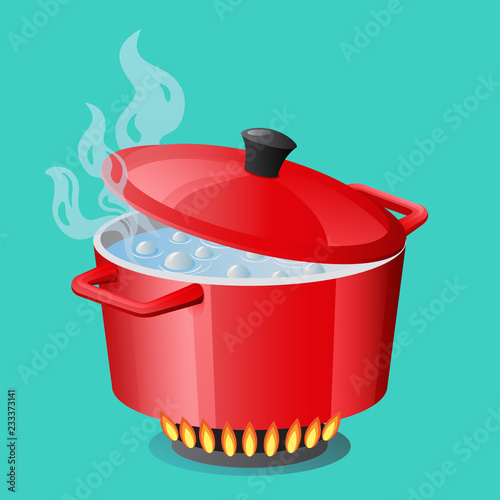 Red pan, saucepan, pot, casserole, cooker, stewpan with boiling water and closed pan lid on gas stove, fire and steam, vector illustration isolated