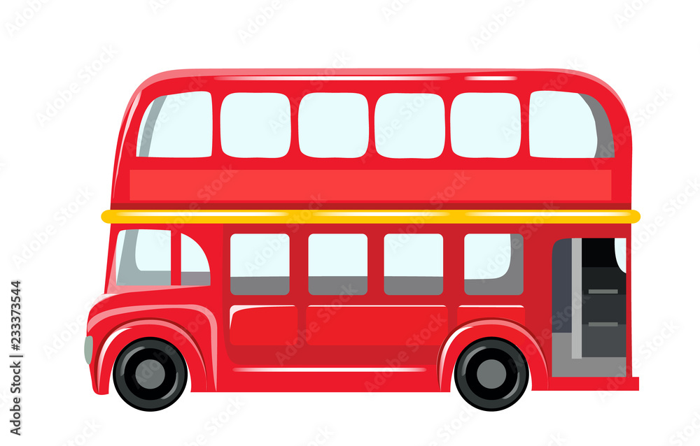 Vector illustration isolated on white background. English red double-decker bus side view flat style. Element infographic, website, icon, stickers, postcards, place for text. Eps 10