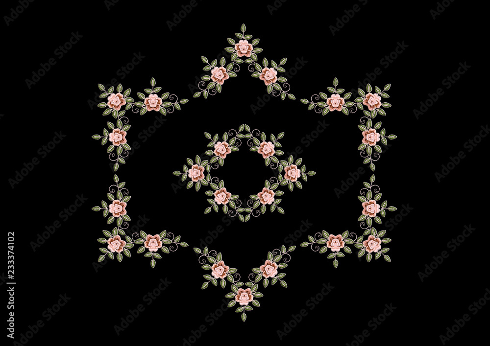 Fototapeta premium Black background with frame of embroidered pink roses with leaves and curls 