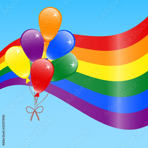 LGBT rainbow Flag and balloons. Celebrating gay people rights. Same-sex love. Pride