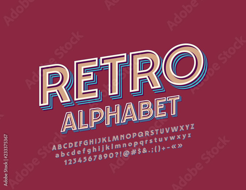 Vector Retro Alphabet Letters, Numbers and Symbols. Vintage Bright Font.