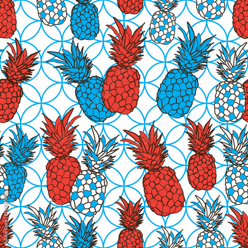 Pineapple Gallery-Fruit Delight. Seamless Repeat Pattern illustration.Background in Blue,Red and white