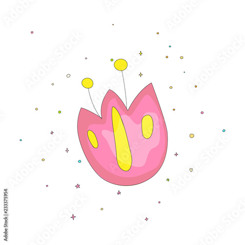 Cute fun cartoon flower vector illustration. Flower icon in cartooning funny style isolated on white. Simple pink and yellow blossom, floret with decoration